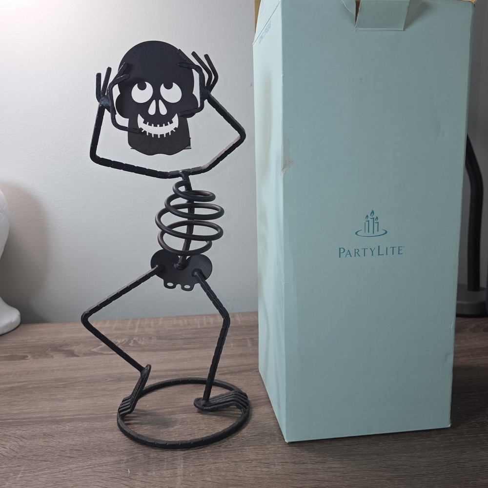 PartyLite Skully Skeleton Votive Candle Holder Black Metal Halloween Decor 15.5"